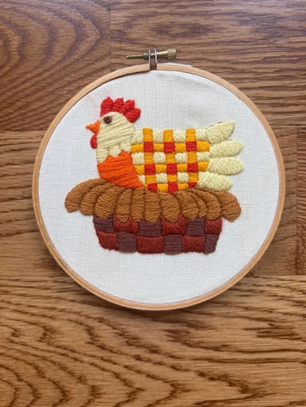 Hand-Embroidered Chicken & Basket Hoop Set - Warm Autumn Colors
